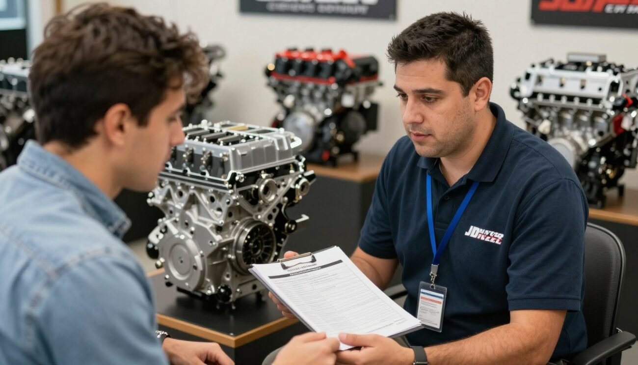 Customer consulting with JDM engine expert about engine options Customer consulting with JDM engine expert about engine options