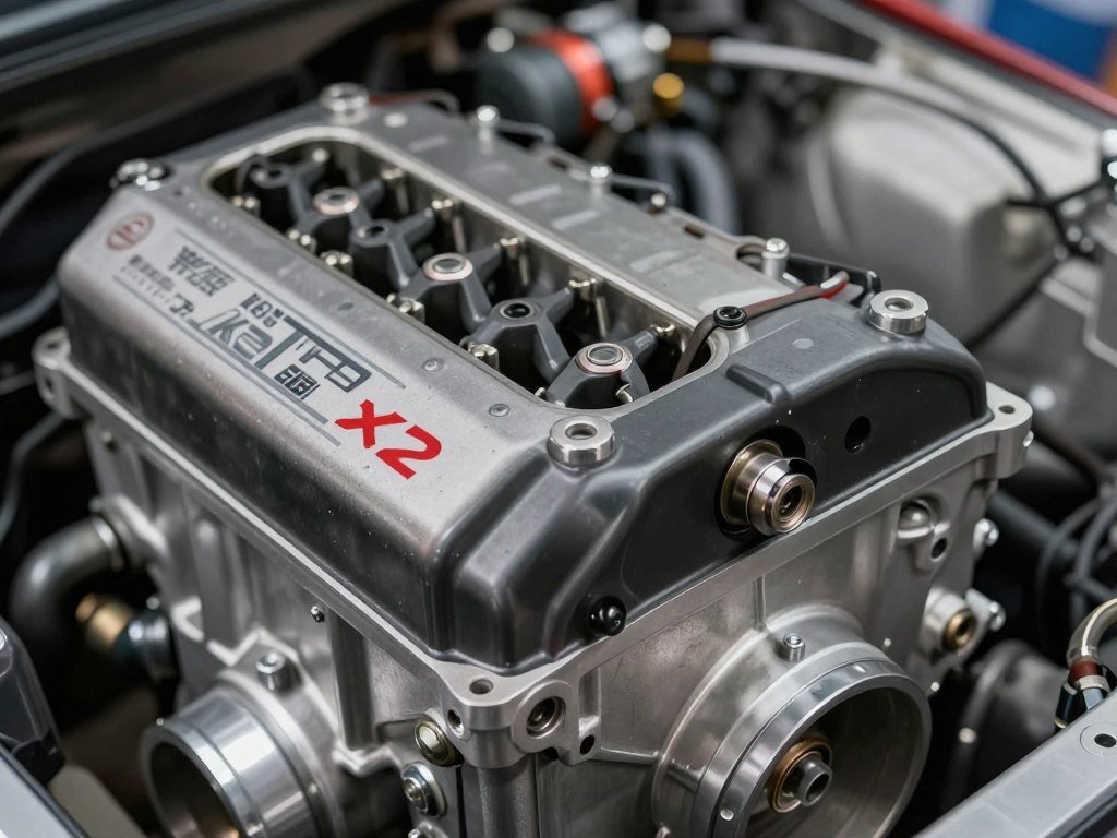 JDM engine with visible Japanese markings and distinctive components JDM engine with visible Japanese markings and distinctive components