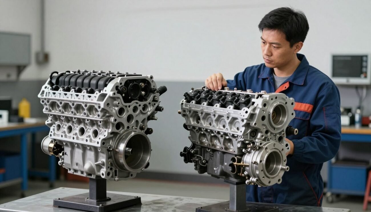 Mechanic comparing a Long Block vs Complete Engine Package in a workshop environment Mechanic comparing a Long Block vs Complete Engine Package in a workshop environment