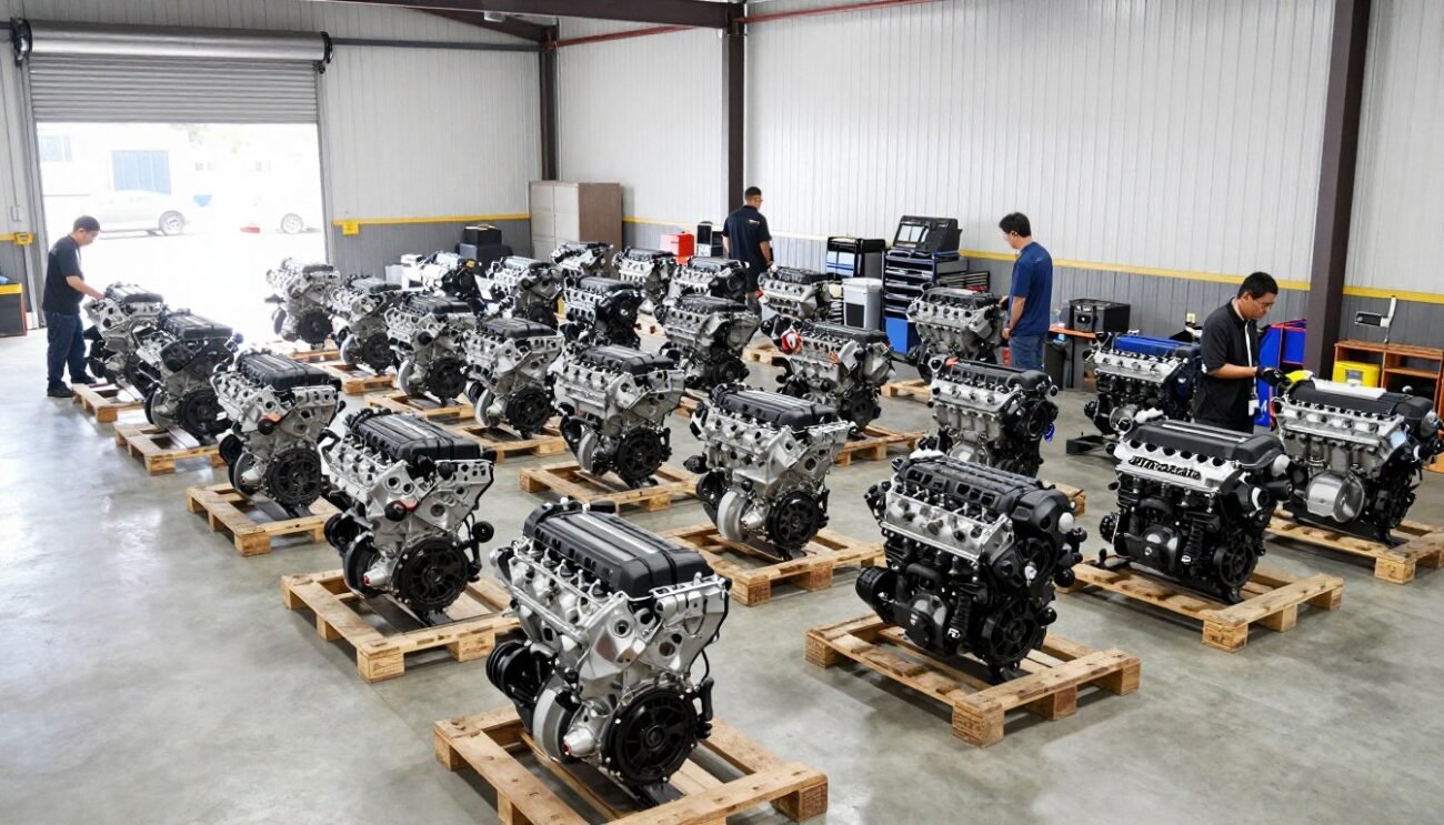 Multiple JDM engines in a warehouse showing variety of options Multiple JDM engines in a warehouse showing variety of options