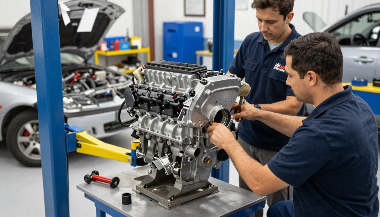 Professional mechanics installing a JDM engine into a vehicle Professional mechanics installing a JDM engine into a vehicle