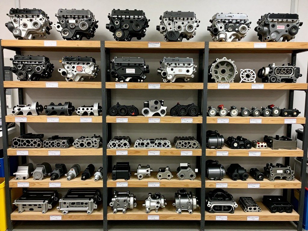 Shelves of JDM engine parts and components Shelves of JDM engine parts and components